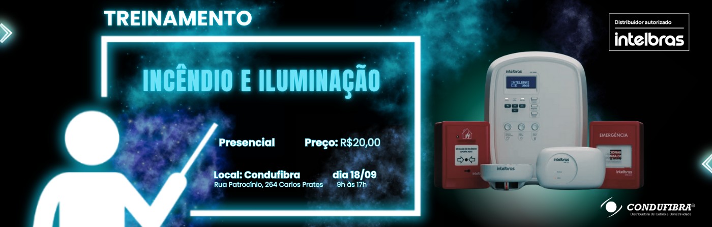 Banner treinamento técnico em incêndio e iluminação Intelbras oferecido pela Condufibra em Belo Horizonte